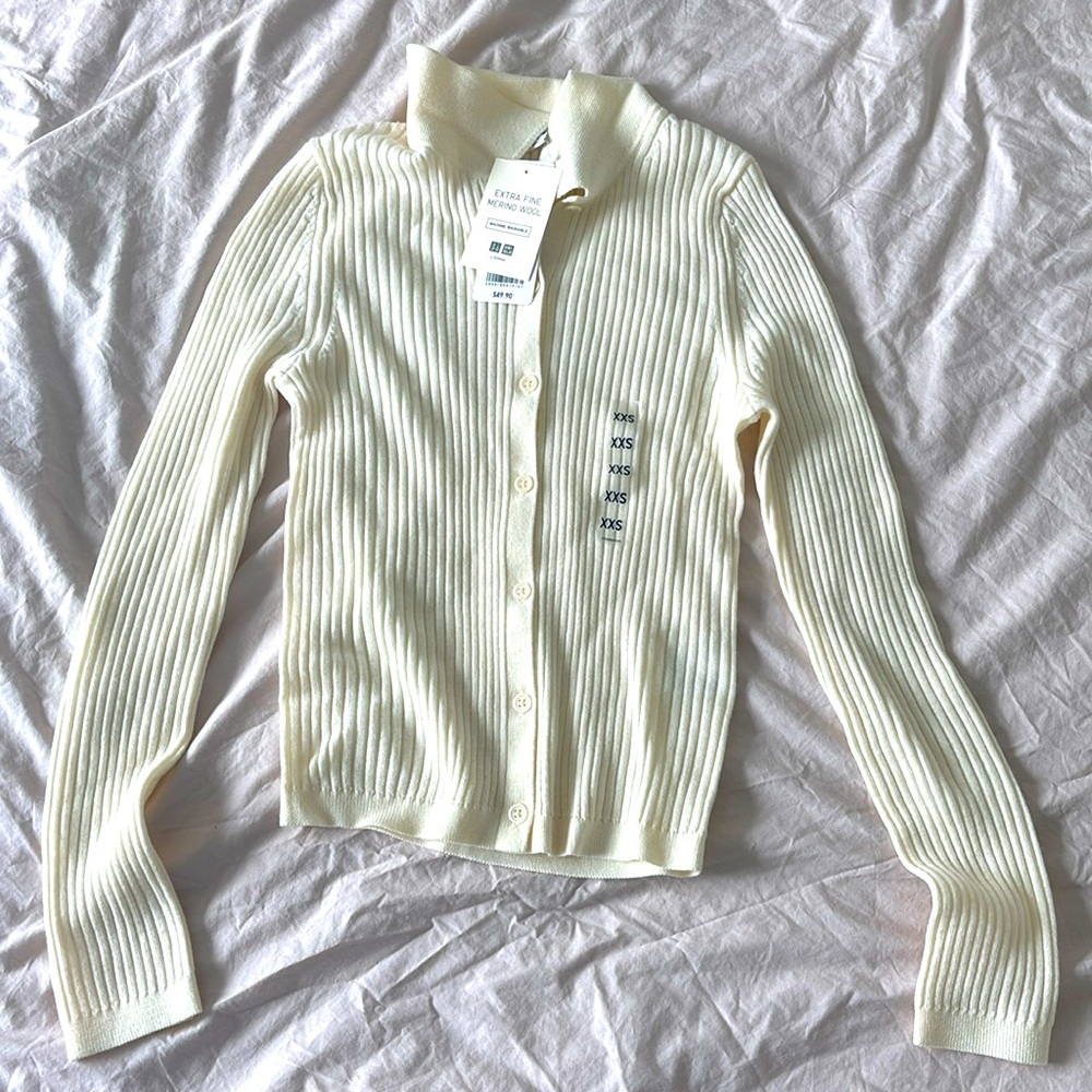 Uniqlo Extra Fine Merino Ribbed Polo Cardigan 01 Off White XXS